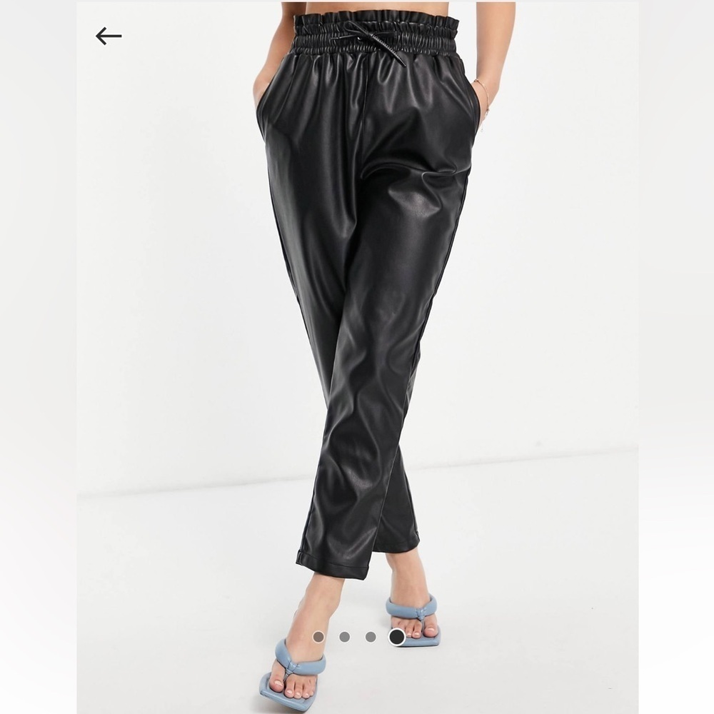 ASOS Faux Leather Pants Paperbag Waist Black Loose Fit Baggy Trousers 4 Small
